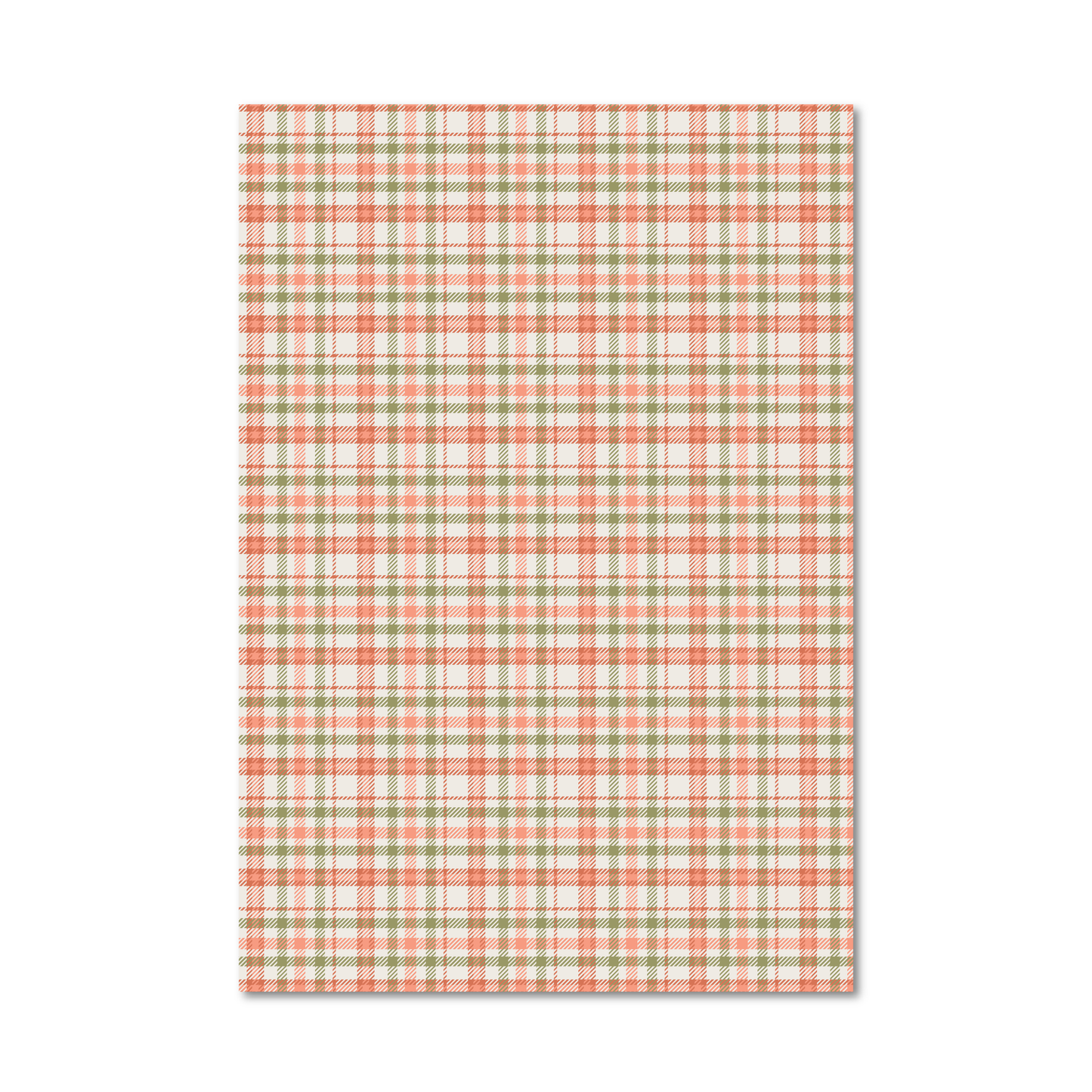 Gift wrap sheet with a plaid pattern in peach, sage green, and off-white, shown flat against a white background.