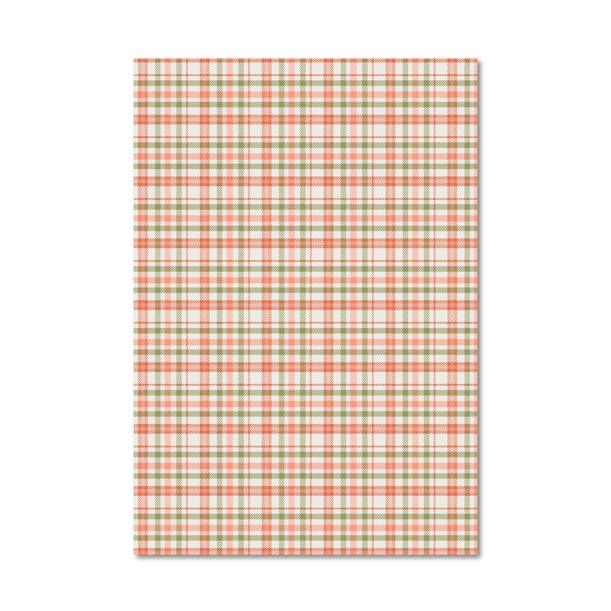 Gift wrap sheet with a plaid pattern in peach, sage green, and off-white, shown flat against a white background.