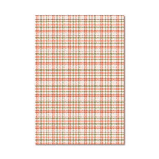 Gift wrap sheet with a plaid pattern in peach, sage green, and off-white, shown flat against a white background.