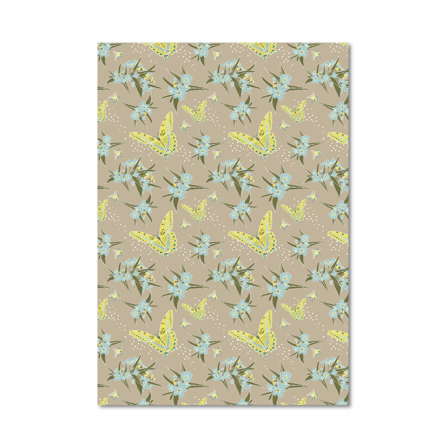 Gift wrap sheet featuring a repeating pattern of light blue flowers, green leaves, and yellow butterflies on a warm beige background, shown against a plain white backdrop.
