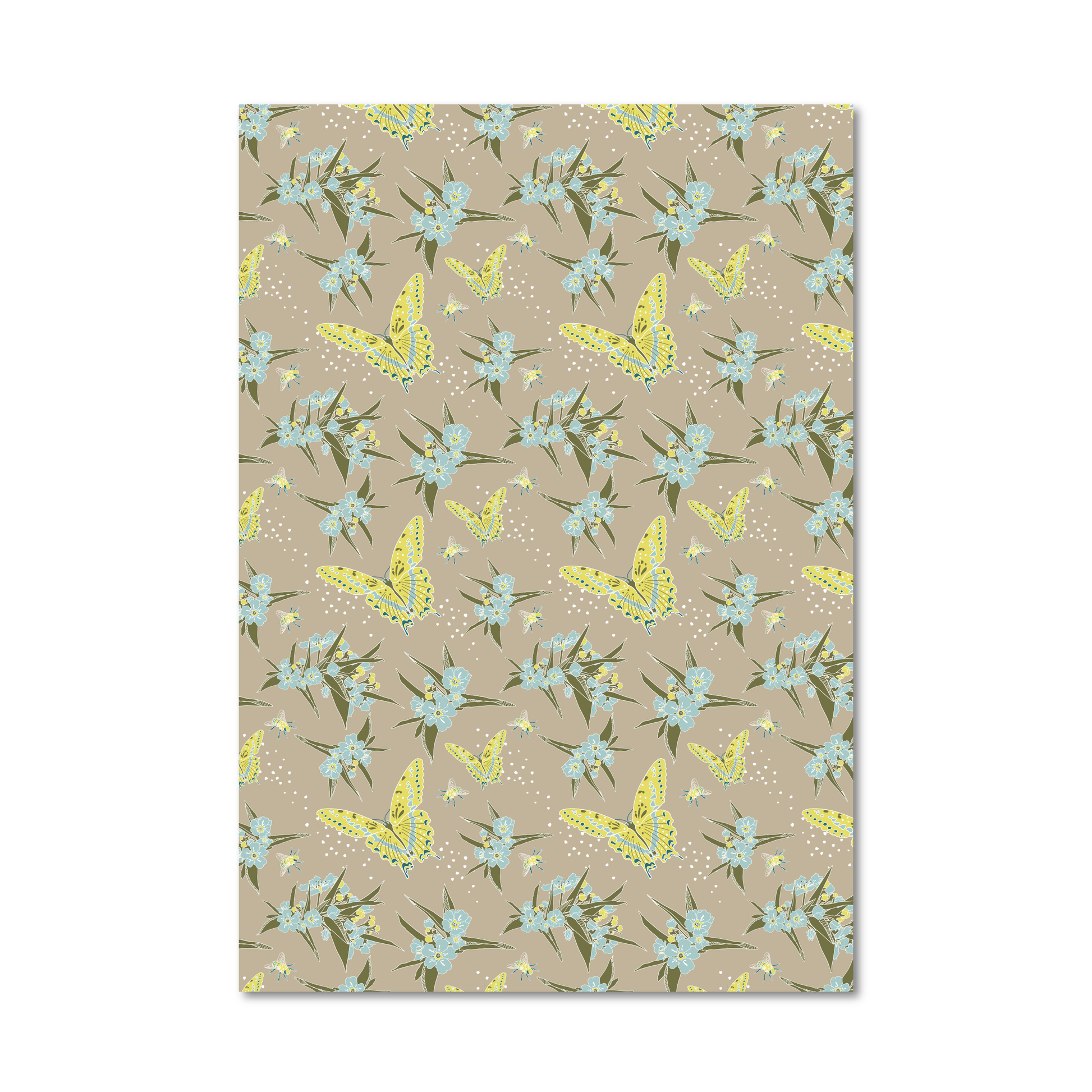 Gift wrap sheet featuring a repeating pattern of light blue flowers, green leaves, and yellow butterflies on a warm beige background, shown against a plain white backdrop.