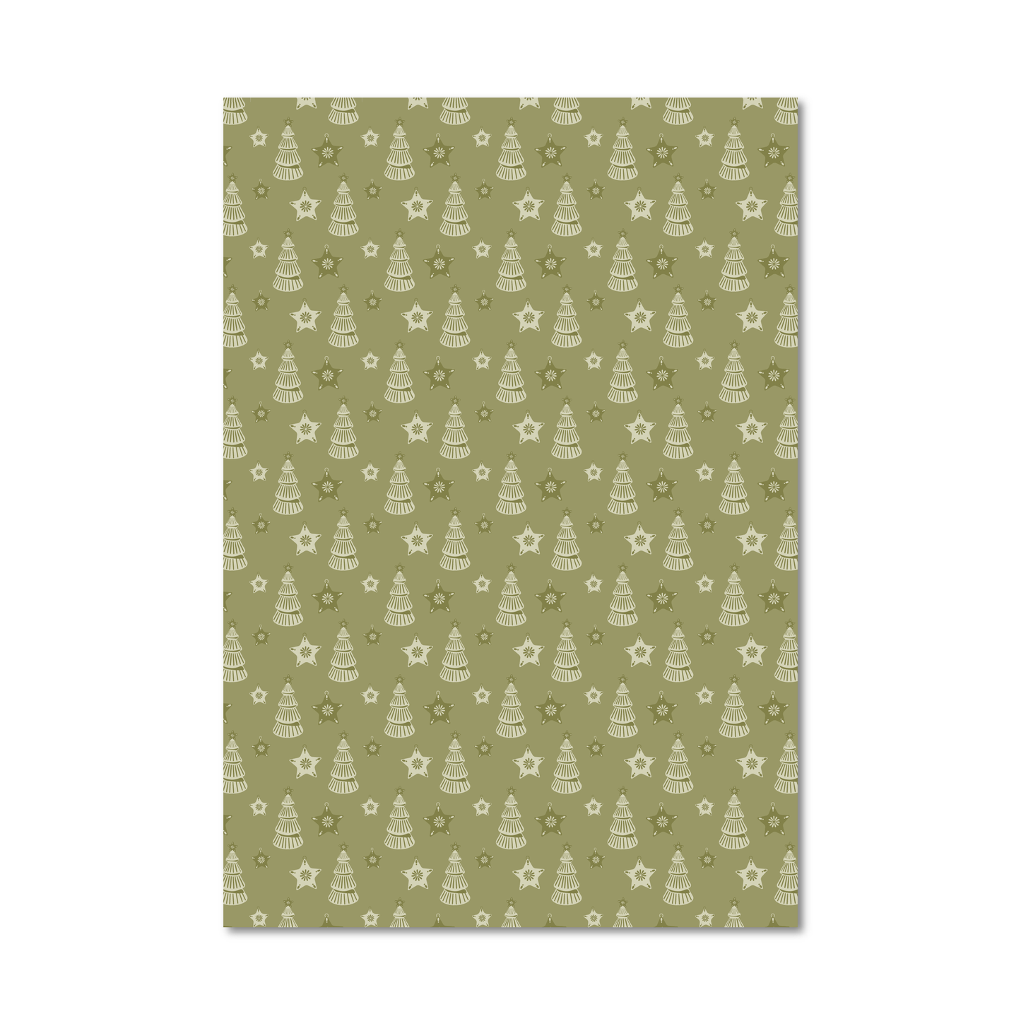 Sheet of wrapping paper featuring a repeating pattern of white Christmas trees, stars, and snowflakes on an olive green background, shown against a plain white backdrop.