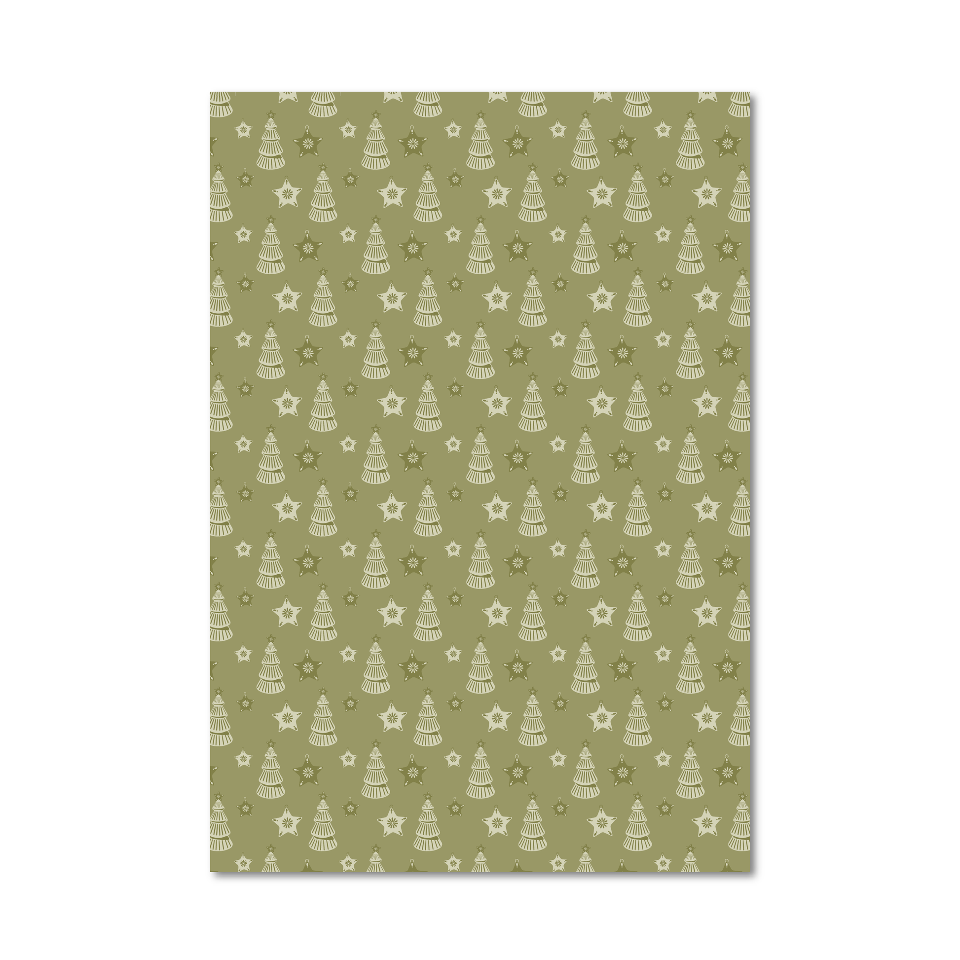 Sheet of wrapping paper featuring a repeating pattern of white Christmas trees, stars, and snowflakes on an olive green background, shown against a plain white backdrop.