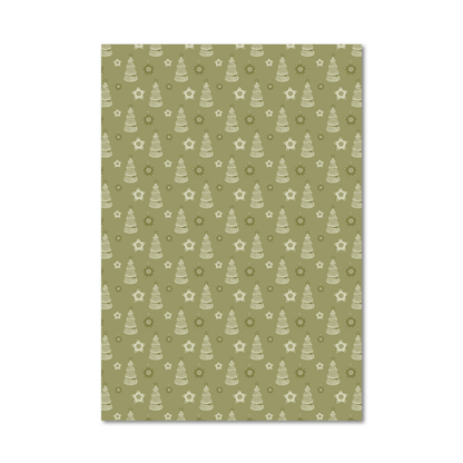 Sheet of wrapping paper featuring a repeating pattern of white Christmas trees, stars, and snowflakes on an olive green background, shown against a plain white backdrop.