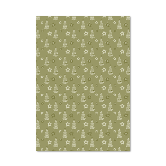 Sheet of wrapping paper featuring a repeating pattern of white Christmas trees, stars, and snowflakes on an olive green background, shown against a plain white backdrop.