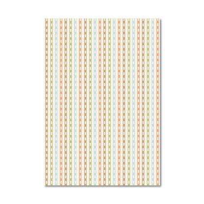 Patterned gift wrap sheet with a vertical stripe design in shades of blue, green, tan and peach