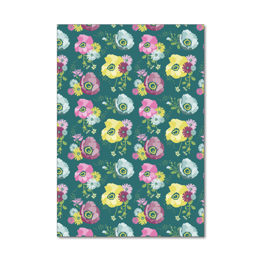 Patterned gift wrap sheet with a teal grounded floral with pink, lavender and yellow pops