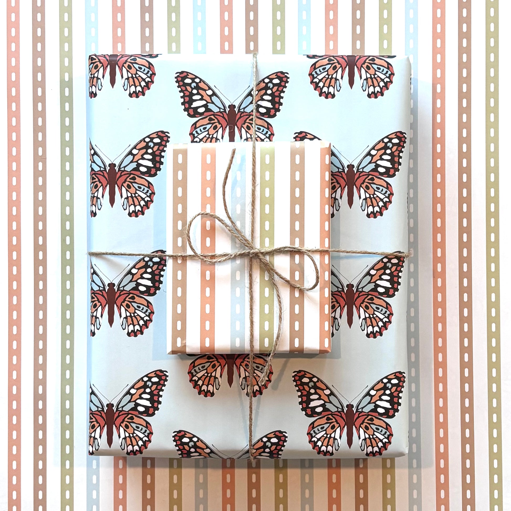 Two gift boxes with butterfly and striped wrapping paper, tied with twine