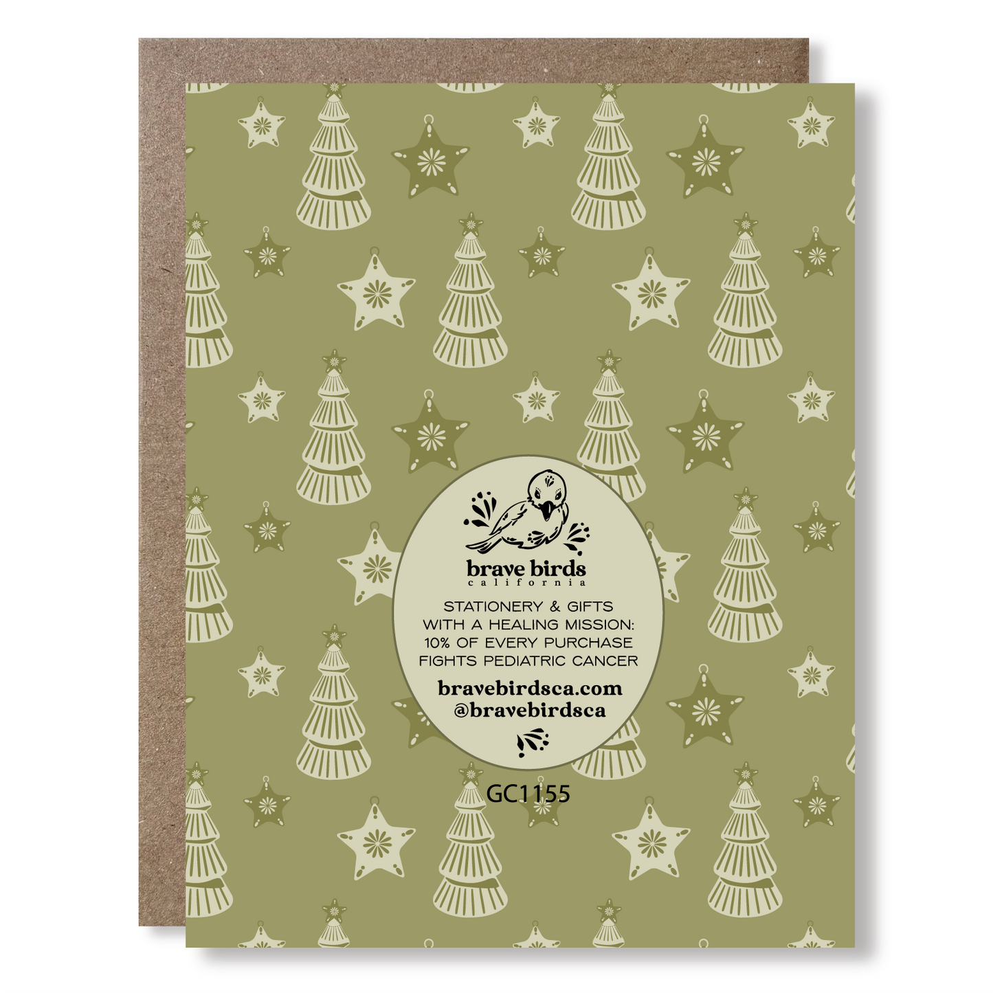 Greeting card with Christmas tree and star pattern on a green background and brand logo with text that reads 'stationery & gifts with a healing mission: 10% of every purchase fights pediatric cancer