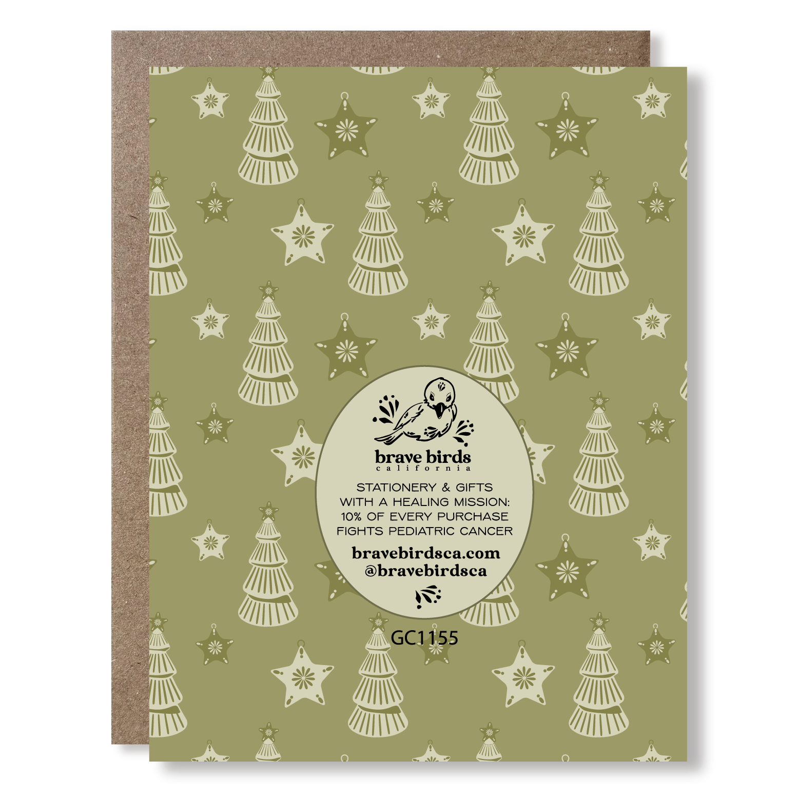 Greeting card with Christmas tree and star pattern on a green background and brand logo with text that reads 'stationery & gifts with a healing mission: 10% of every purchase fights pediatric cancer