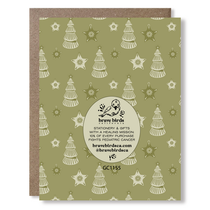 Greeting card with Christmas tree and star pattern on a green background and brand logo with text that reads 'stationery & gifts with a healing mission: 10% of every purchase fights pediatric cancer