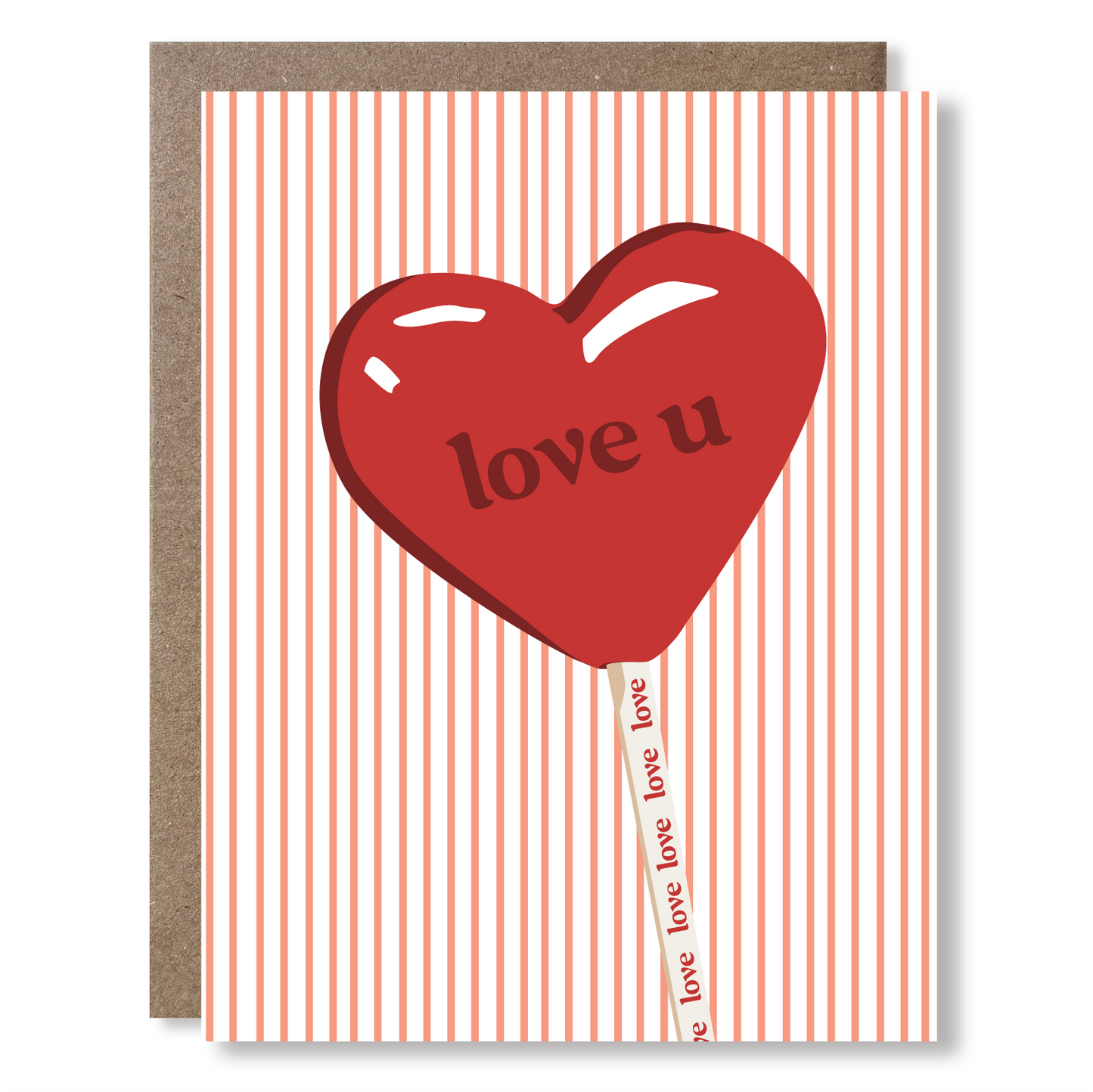 Greeting card with illustration of a heart shaped lollipop and the words "love u" with pink stripes in the background