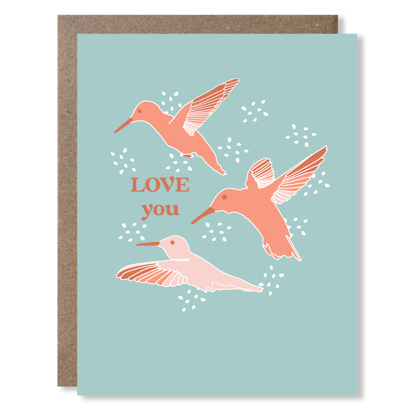Greeting card with pink hummingbirds and 'LOVE you' text on a light blue background