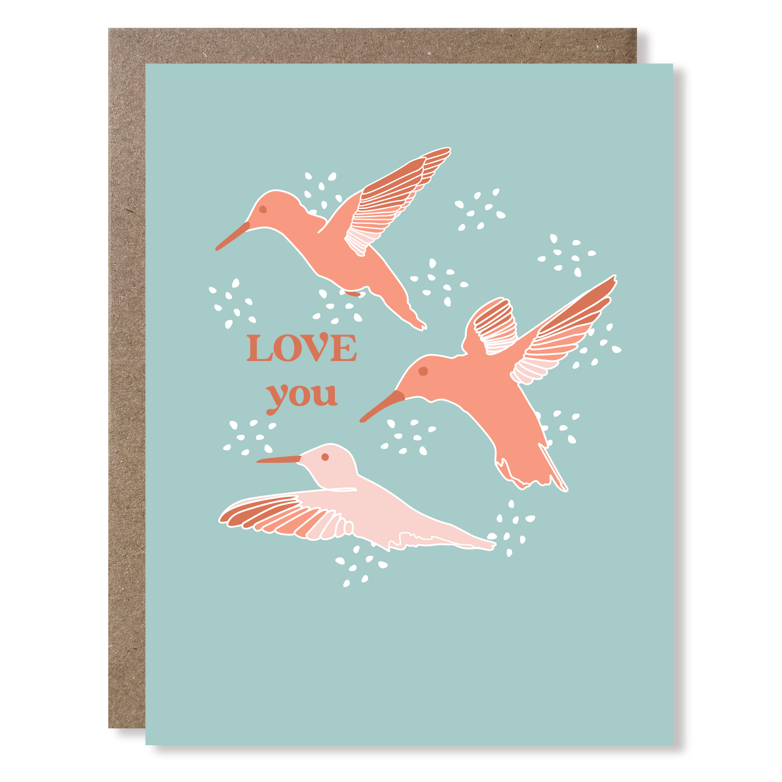 Greeting card with pink hummingbirds and 'LOVE you' text on a light blue background