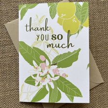 Load image into Gallery viewer, lemons, leaves and white flowers with the words &quot;thank you so much&quot; in olive green type, shown with a kraft paper envelope
