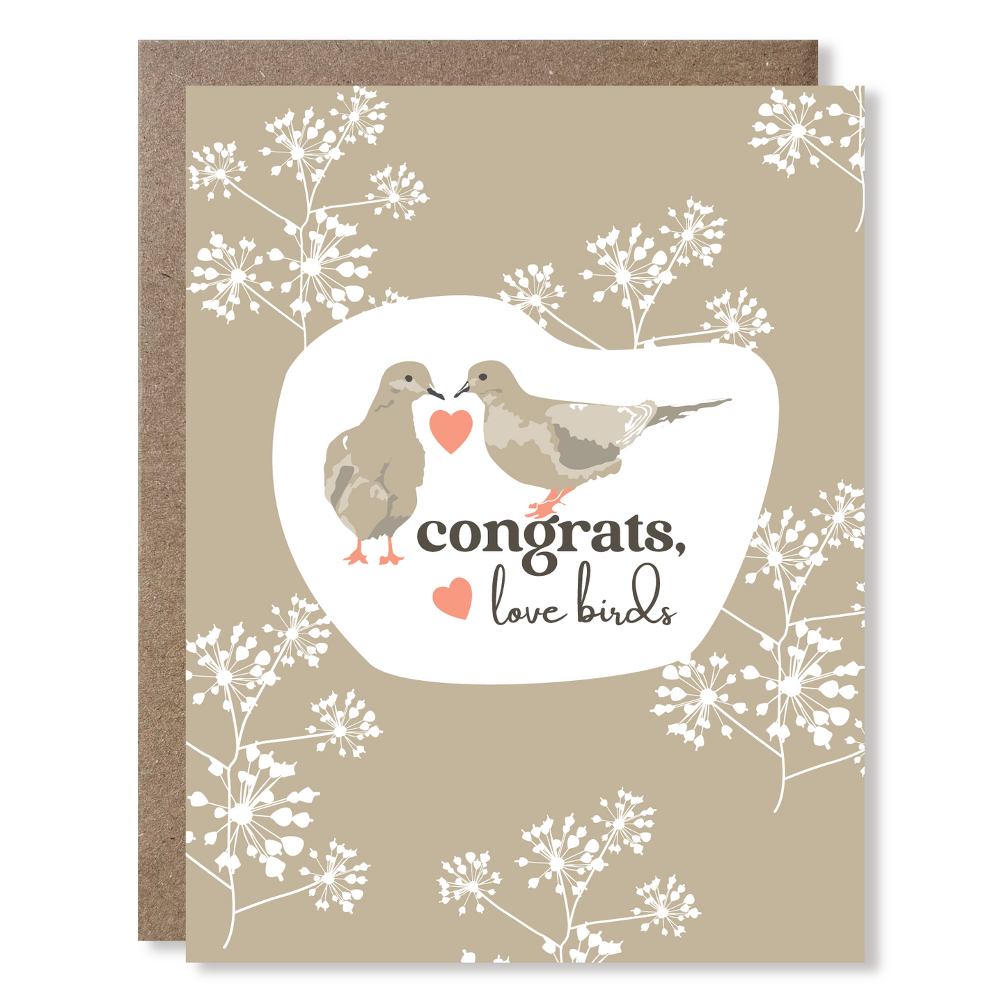 Card with two birds holding a heart and the text 'Congrats, love birds' on a beige background with white floral patterns.