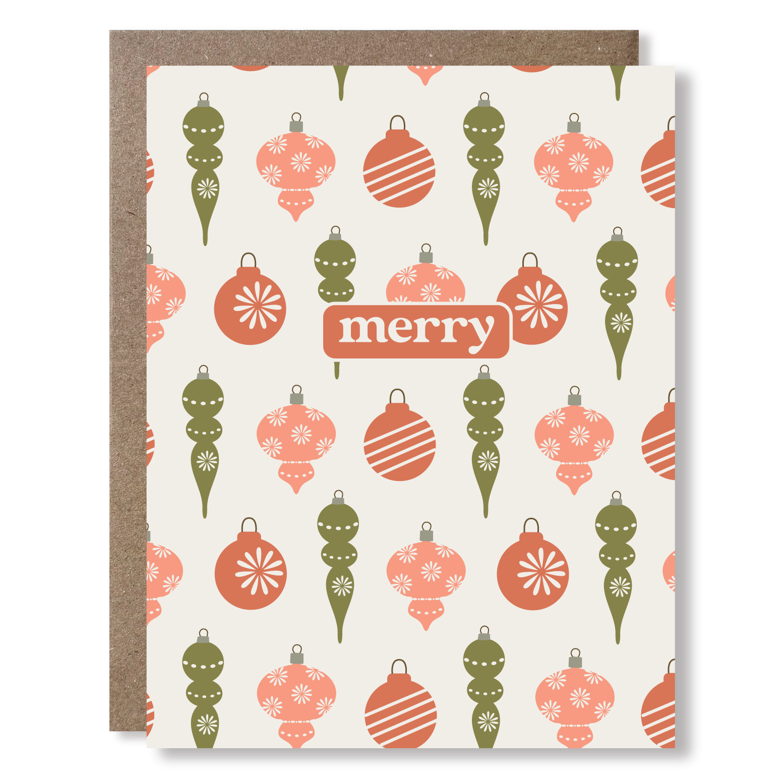 Christmas card with decorative ornaments and 'merry' text on a white background