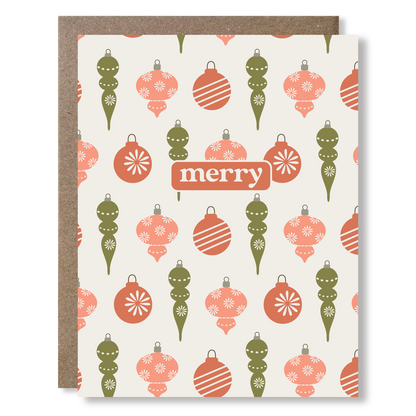 Christmas card with decorative ornaments and 'merry' text on a white background
