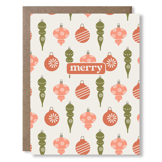 Christmas card with decorative ornaments and 'merry' text on a white background
