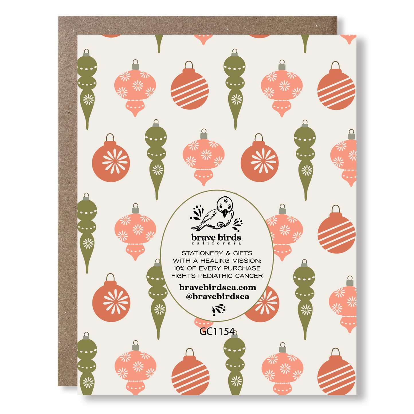 Greeting card with Christmas ornament pattern and brand logo with text that reads 'stationery & gifts with a healing mission: 10% of every purchase fights pediatric cancer