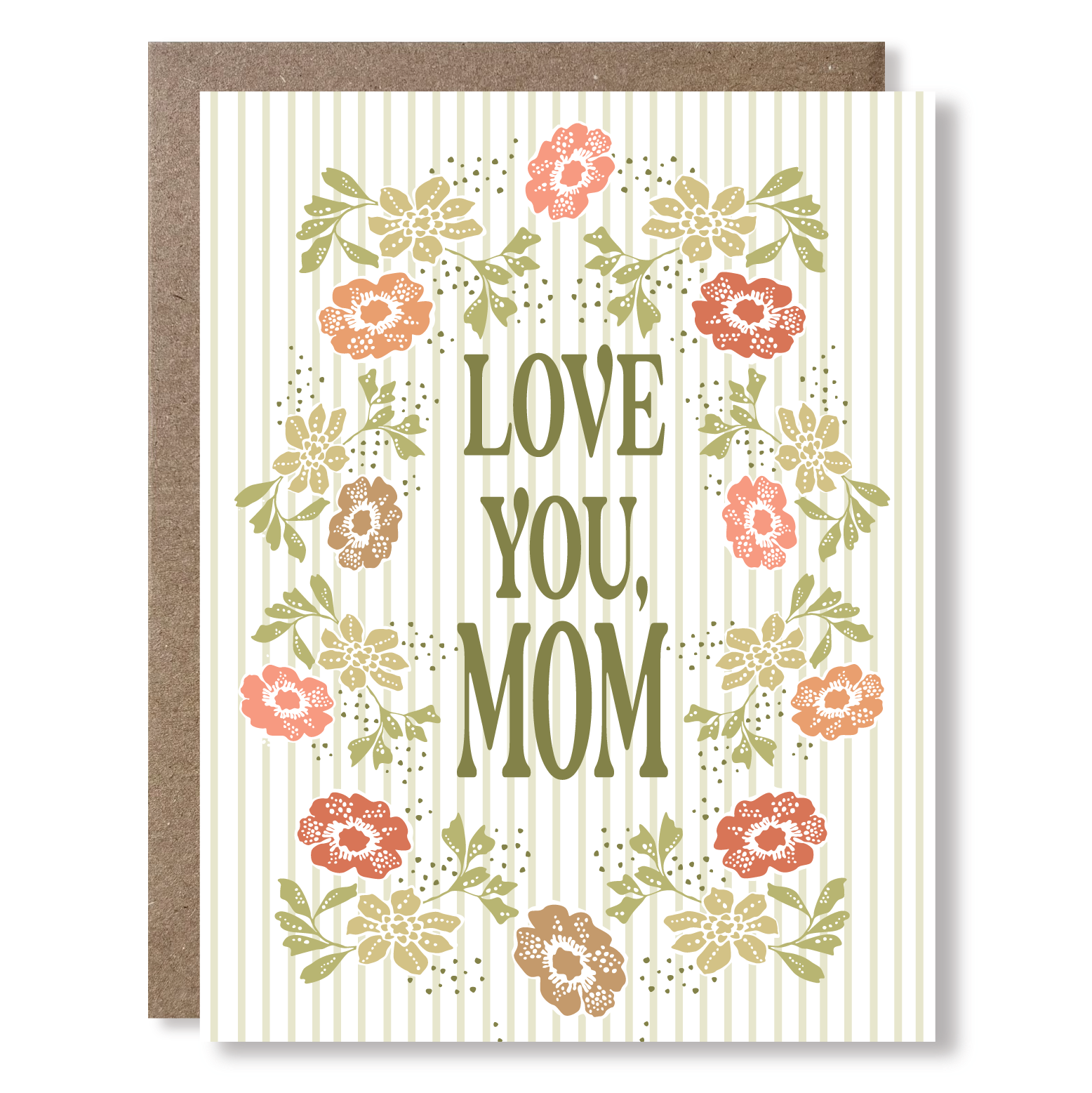 Greeting card with vintage stripe and floral details and text that reads "Love you, Mom"