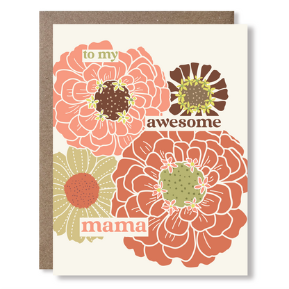 Greeting card with colorful floral illustration and text reading "to my awesome mama", paired with a kraft paper envelope