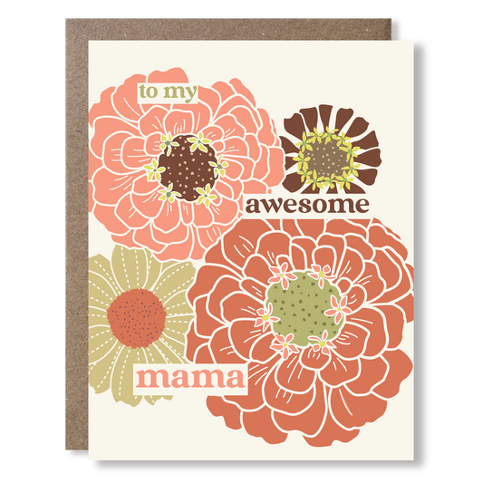 Greeting card with colorful floral illustration and text reading "to my awesome mama", paired with a kraft paper envelope