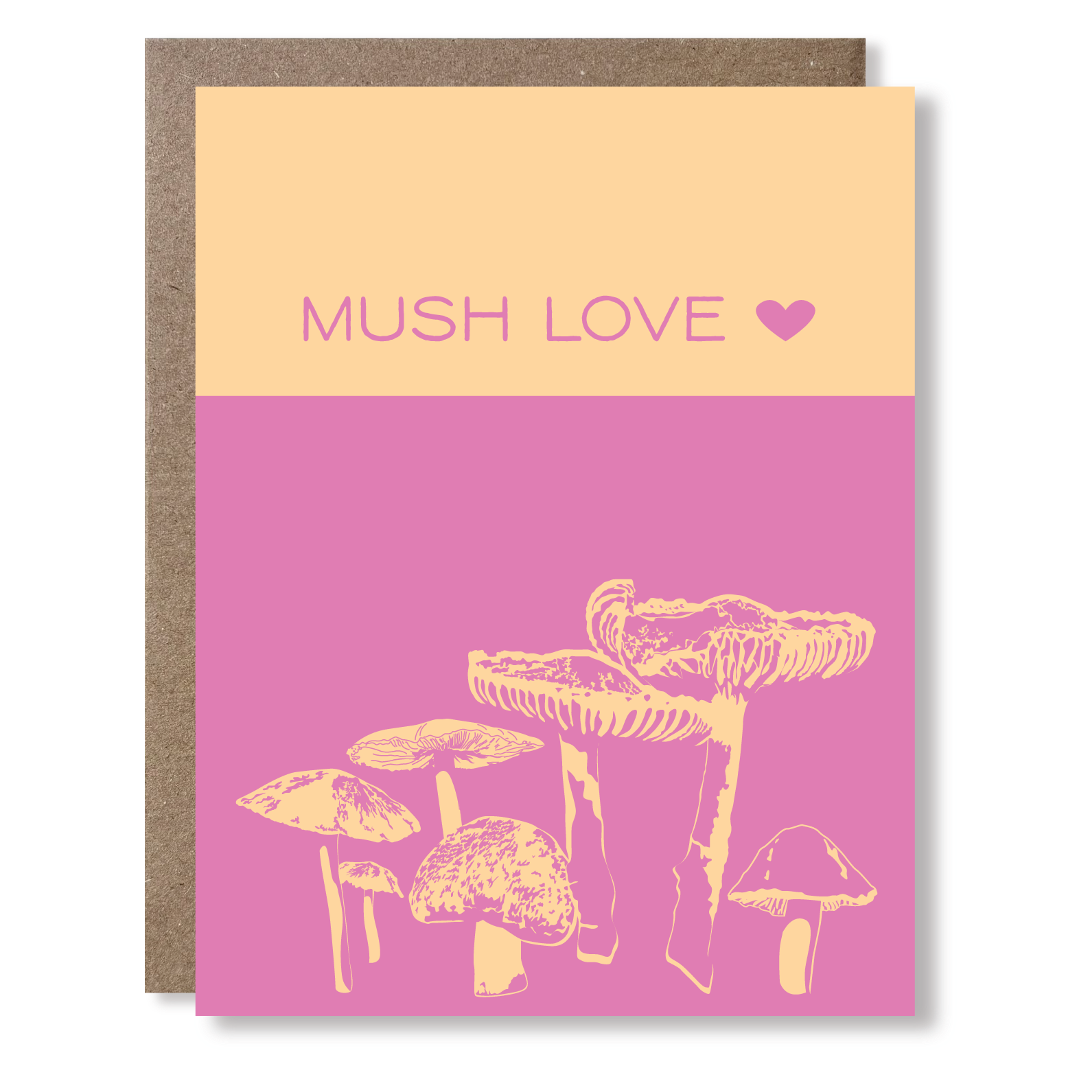 Greeting card with mushrooms and 'Mush Love' text on a pink and peach background