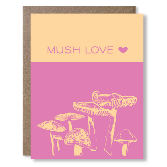 Greeting card with mushrooms and 'Mush Love' text on a pink and peach background