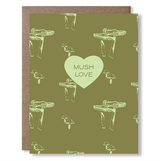 Card with mushroom pattern and 'Mush Love' heart on green background