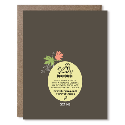 Back side of greeting card with continued print and brand information