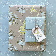 Load image into Gallery viewer, Two gift boxes, one wrapped in butterfly floral print, the other in a blue-white dot, tied with twine and topped with a butterfly gift tag
