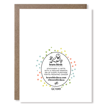 Back of greeting card with continued print and brand information