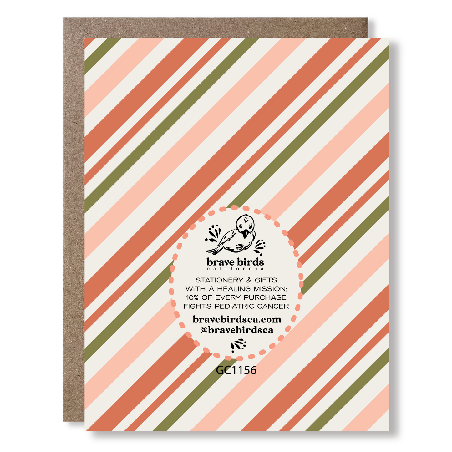 Greeting card back view with red and green stripes and brand logo and text reading 'brave birds california stationery & gifts with a healing mission: 10% of every purchase fights pediatric cancer'