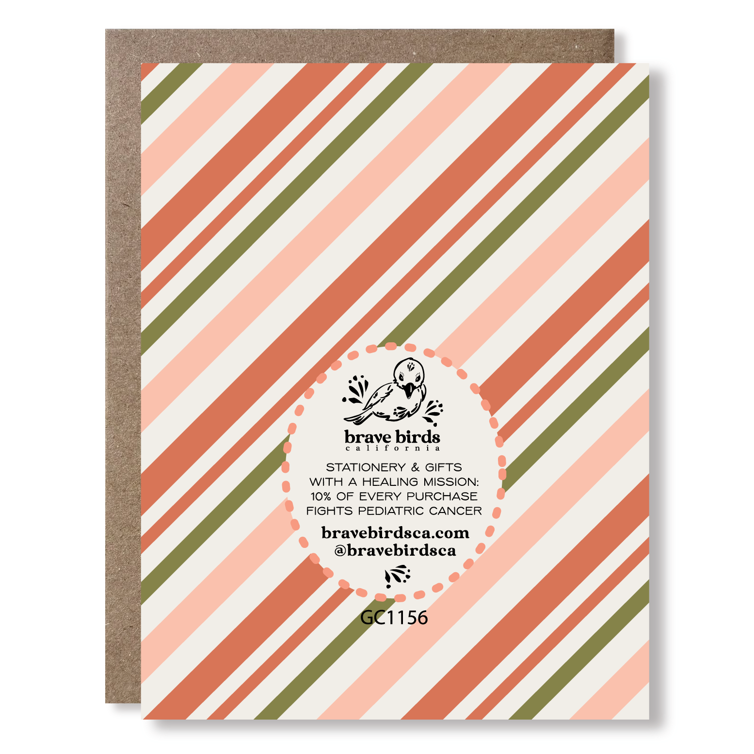 Greeting card back view with red and green stripes and brand logo and text reading 'brave birds california stationery & gifts with a healing mission: 10% of every purchase fights pediatric cancer'
