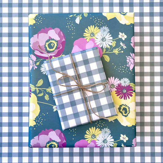 Double Sided Wrapping Paper in Teal Floral-Gingham