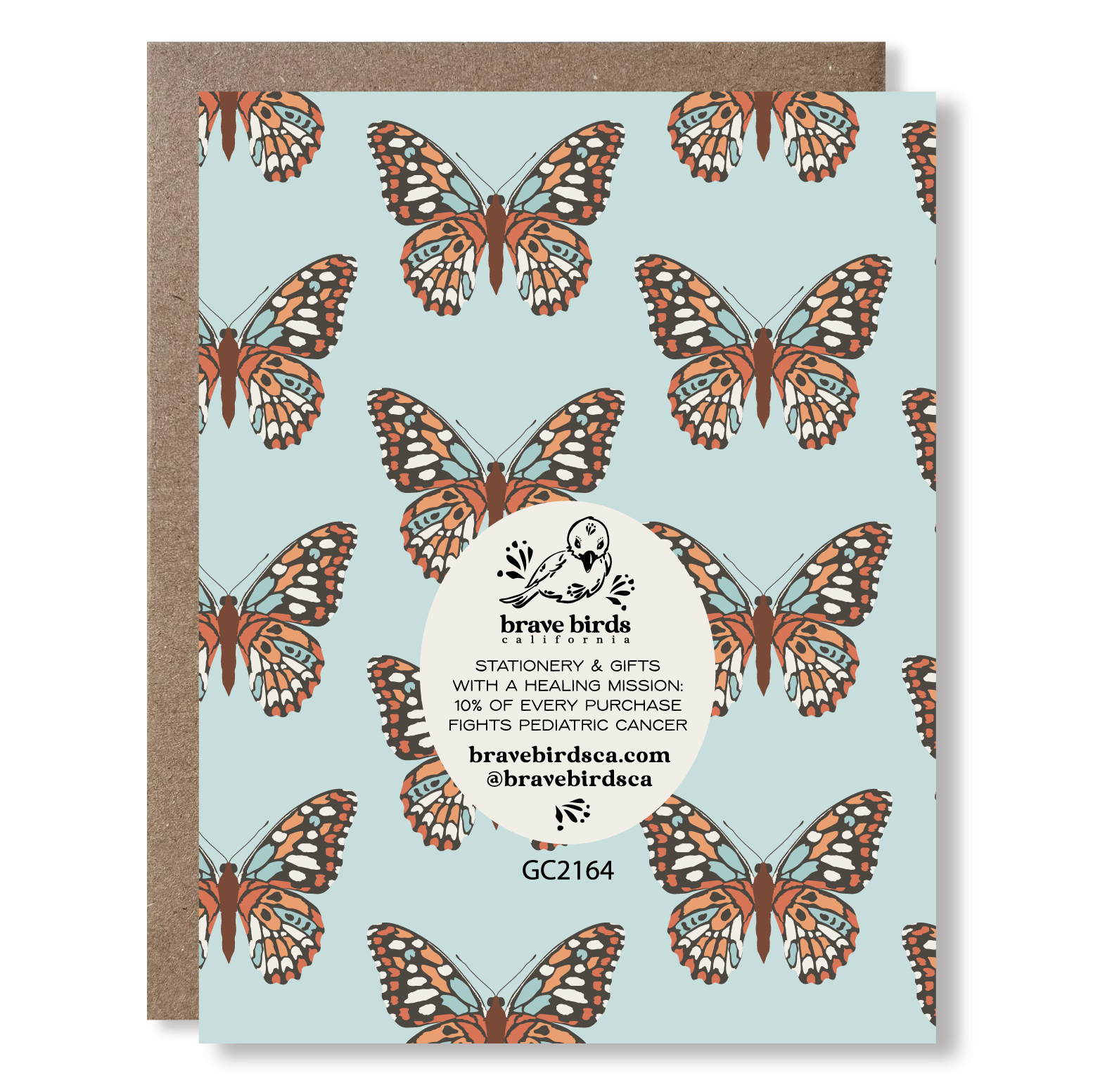 Back view of a greeting card with brand information reading "Brave Birds California, stationery & gifts with a healing mission: 10% of every purchase fights pediatric cancer"