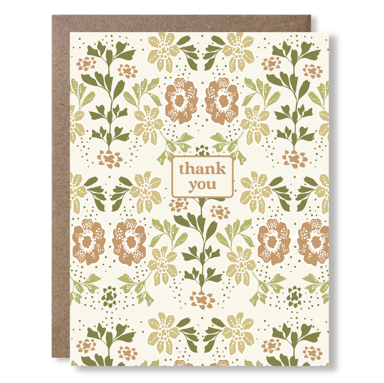 Tan and green floral patterned card with 'thank you' text on a cream background