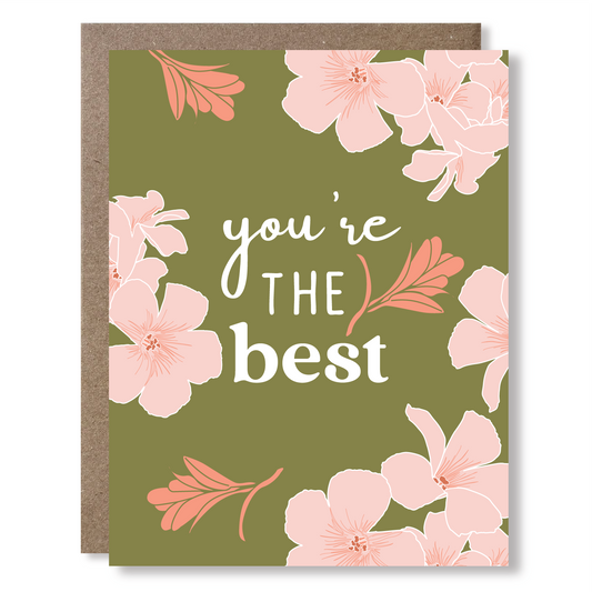 Greeting card with floral design and 'you're the best' text on a green background