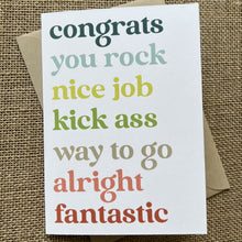 Load image into Gallery viewer, White background with words in rainbow colors: congrats, you rock, nice job, kick ass, way to go, alright, and fantastic, shown with a kraft paper envelope
