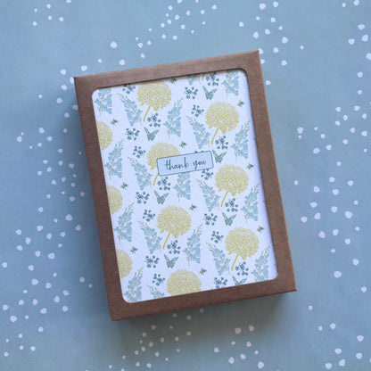 Box of Greeting cards with a blue & yellow floral design and the words thank you.
