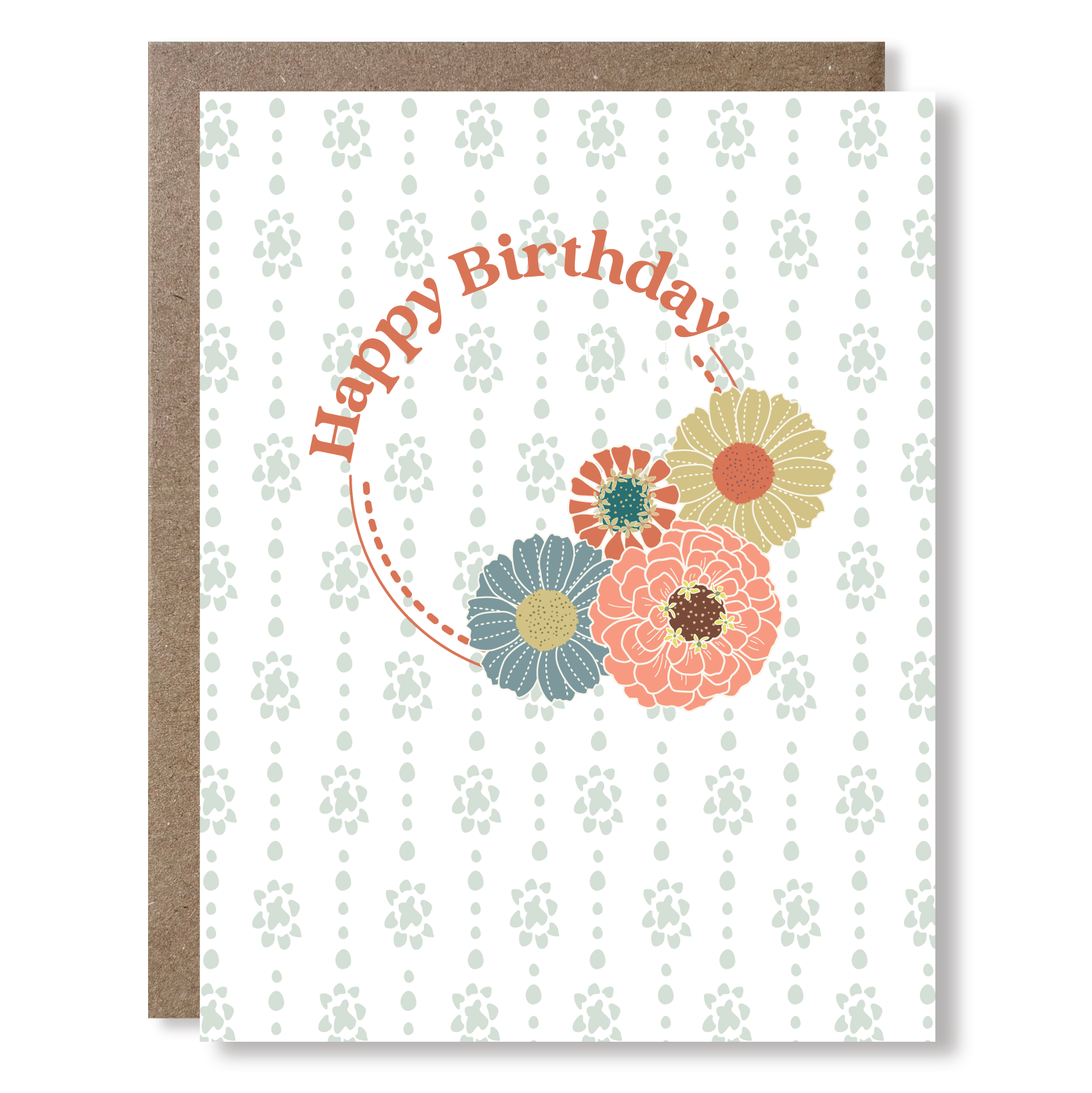 Greeting card with light blue dot-stripe background and a circular lockup of zinnia flowers and text reading "Happy Birthday"