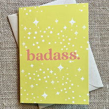 Load image into Gallery viewer, Citron yellow background with white sparkles and the word badass in pink
