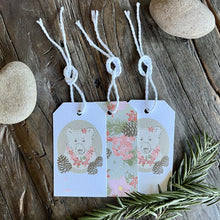 Load image into Gallery viewer, Set of three TO/FROM gift tags with floral bear illustrations on the front and allover floral print on the back. Each tag has white cotton twine laced through a hole at the top.
