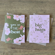 Load image into Gallery viewer, Two greeting cards in complementary colors of pink and olive green - text reads you&#39;re the best and big hugs
