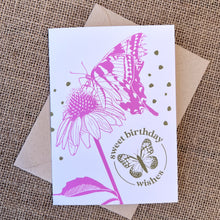 Load image into Gallery viewer, Greeting card with white background, dark pink butterfly and echinacea flower, and olive green text that reads &quot;sweet birthday wishes&quot;, styled with a kraft envelope on tan burlap
