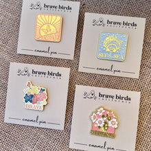 Load image into Gallery viewer, Set of four enamel pins with pastel colors accented with gold and various inspiring phrases
