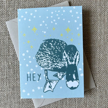 Load image into Gallery viewer, aqua blue background card with a teal duck illustration and text saying hey
