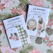 Load image into Gallery viewer, Packaged 3-packs of bear floral and floral gingham gift tags, with card backings and clear envelopes - text on each card backing reads &quot;set of 3 gift tags + cotton twine&quot;
