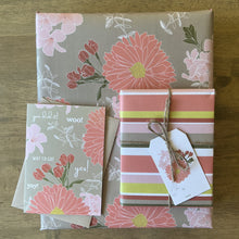 Load image into Gallery viewer, Matching gift wrap and stationery in coral and khaki floral illustrated print
